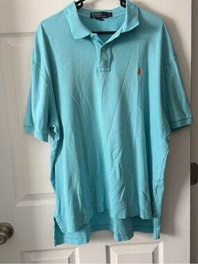 Vintage 90’s Ralph Lauren Polo Shirt in Aqua Blue with Embroidered Orange Pony